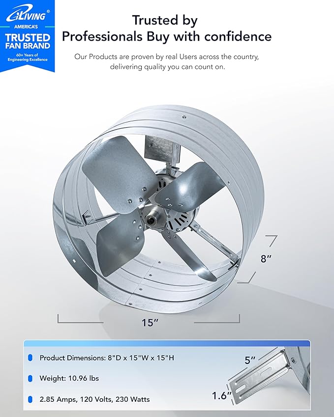 iLiving ILG8G14-12T Automatic Gable Mount Attic Ventilator Fan with Adjustable Thermostat, 2.85 Amp, 2339 CFM, Single-Speed | Automatic, 2339 CFM, 3.10 Amp, Single-Speed