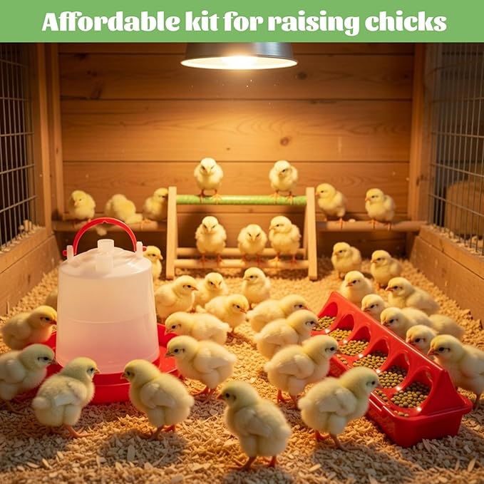 14 Pcs Chick Feeder and Waterer Kit with Wooden Perch Baby Poultry Starter Set 1.5 L Feeding Dispenser for Small Poultry Ducks Quail Pigeon Coop and Brooder