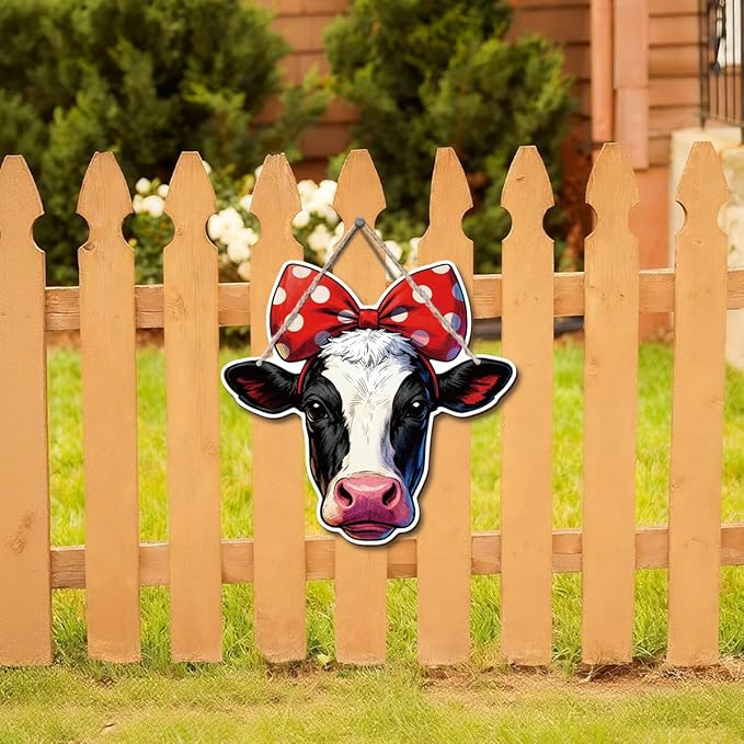 Farmhouse Wall Decor, Cow Head with Polka Dot Bow Wood Sign, Rustic Cartoon Painting Style Farm Animal Hanging Plaque, Country Wall Art for Kitchen Dining Room or Kids Room, 10.2x9.8 Inches