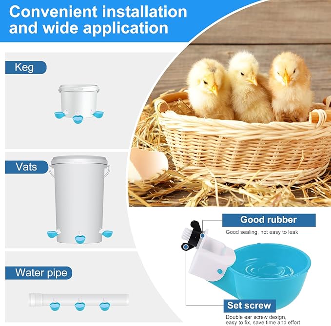 Chicken Waterer Cups (16 Pack/Light Blue) - DIY Automatic Large Chicken Water Feeder for Ducks Quail and Various Poultry Dispenser with Matching Drill, Double Rubber Ring, Not Leaking Wate