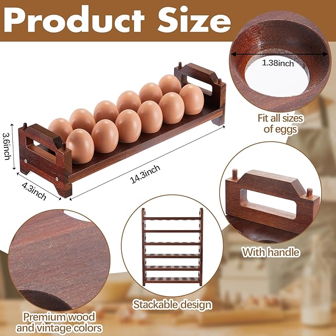 Maxcheck 6-Tier Stackable Acacia Wood Egg Holder, Large Capacity for 72 Eggs, Countertop Storage Rack with Handles for Kitchen Organization and Fridge, Farmhouse Easter Egg Display