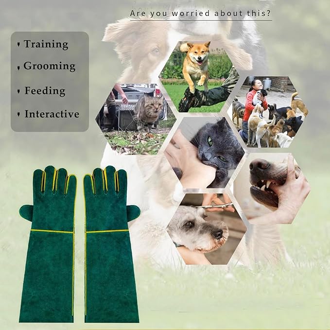 Animal Handling Gloves Bite Resistant, 15.7'' Anti Scratch Glove for Cats, Multipurpose Bite Proof Leather Pet Gloves for Grabbing Cat Reptile Puppy Bird Poultry or Gardening Welding