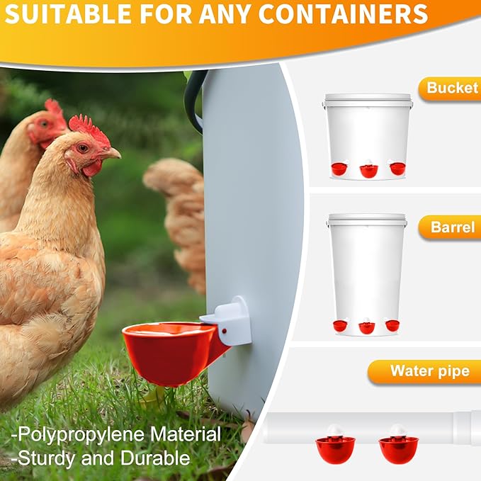 Chicken Water Cups 12 Pack, Automatic Filling Waterer Feeder Bowl, Gravity Poultry Watering System, Chicken Water Dispenser, Chicken Coop Accessories for Hens, Duck, Goose, Turkey (Red)