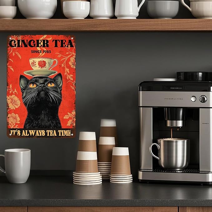 Funny Black Cat Tin Sign Ginger Tea It'S Always Tea Time Metal Sign Wall Decor For Home Cafe Bar Kitchen Poster 12x8 Inch