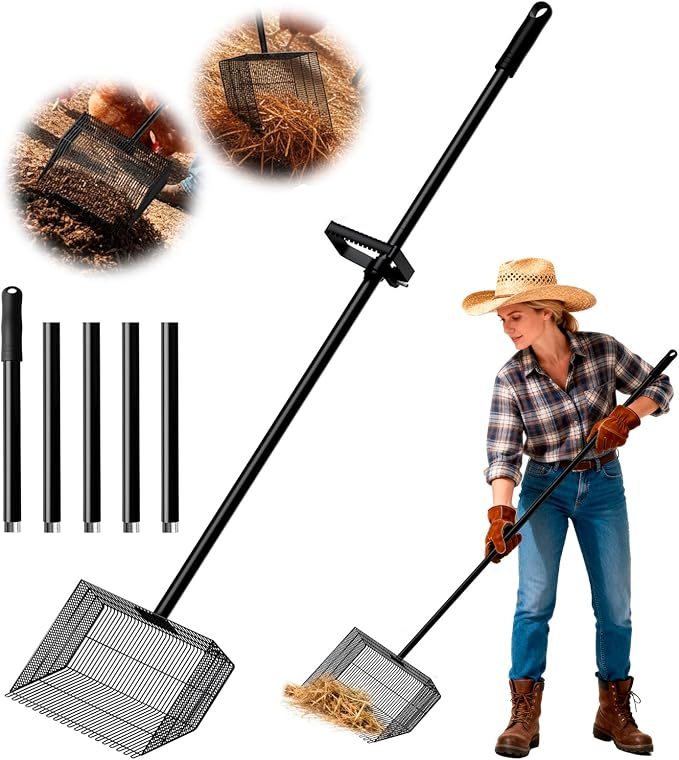 Chicken Poop Scooper with 12" Wide Heavy Duty Litter Shovel and Adjustable 25–73" Steel Handle, Multi-Section Detachable Pole Poop Rake for Easy Chicken Coop Cleaning, Durable Metal Accessories