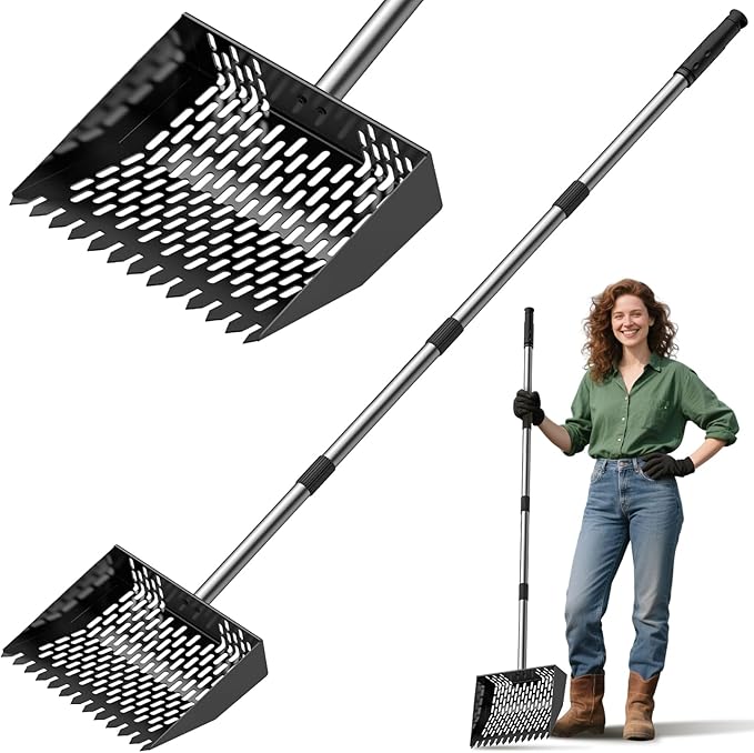Large Metal Chicken Poop Scooper – Heavy Duty Coop Scoop with Serrated Edge, Adjustable Stainless Steel Handle 35'' to 66'', Rake & Sifting Shovel for Chicken Coops
