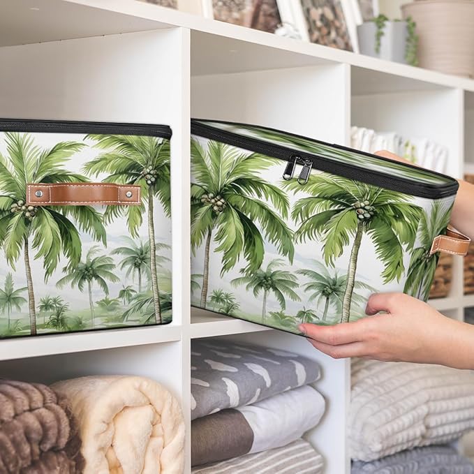 Palm Tree Storage Bins with Lids, Tropical Trees Fabric Storage Boxes with Zipper, Collapsible Decorative Closet Organizer Cube for Clothes, Organizing, Shelves