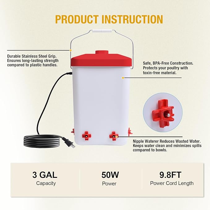 Heated Chicken Waterer 3 Gallon Poultry Water Heater with 4 Nipples Freeze Proof Chick Waterer Heater for Winter Chicken Turkey Pigeon Goose