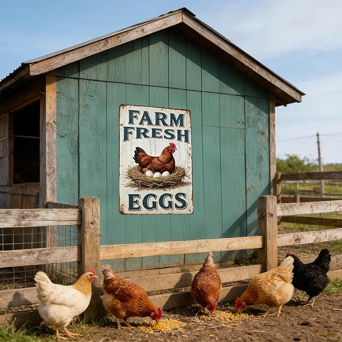 Funny Rooster Decor Vintage Farm Fresh Eggs Chicken Tin Sign for Chicken Coop Farm Garden Yard Decor 16x12 Inch