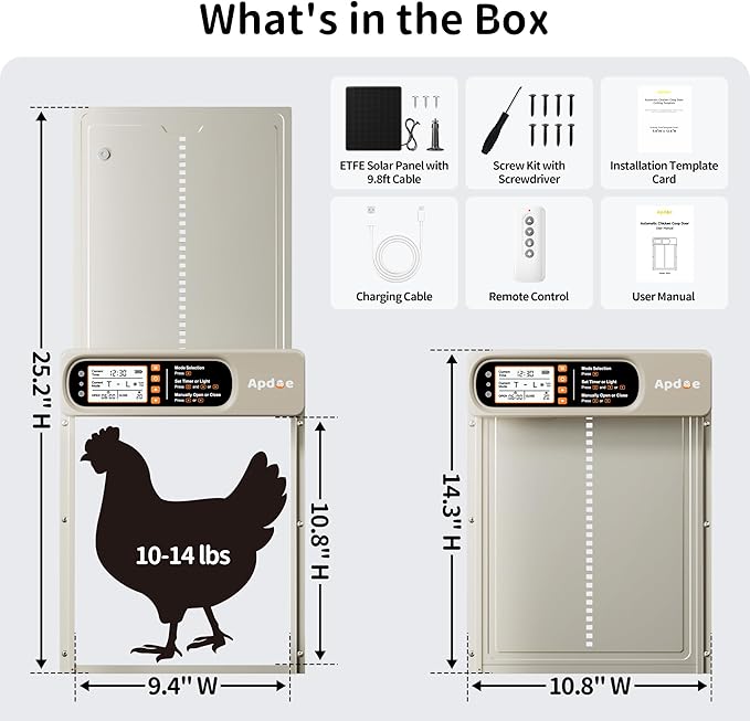 Automatic Chicken Coop Door Solar Powered with Timer, Light Sensor, Remote Control, Anti-Pinch, Waterproof, Aluminum Coop Door, 4 Auto Modes, Comfort Larger Size Duck Chicken Turkey House Door
