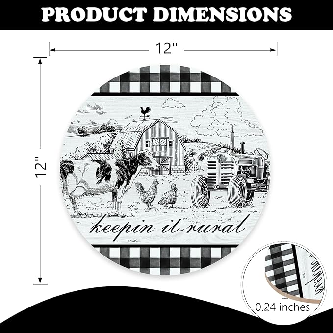 Farm Animals Keeping It Rural Front Door Sign, Farmhouse Cow Chicken Tractor Country Barn Wood Plaque Hanger Home Decor, Rustic Plaid Wooden Wreath Wall Hanging Decoration Gifts for Farmers