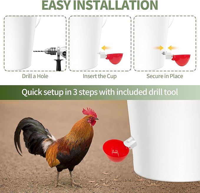 5PCS Chicken Waterer Cups, Red Automatic Poultry Watering Cups, Tee Fittings Poultry Waterer with Mounting Hole Opener,Ideal for Chicken Coop, Ducks, and Backyard Poultry