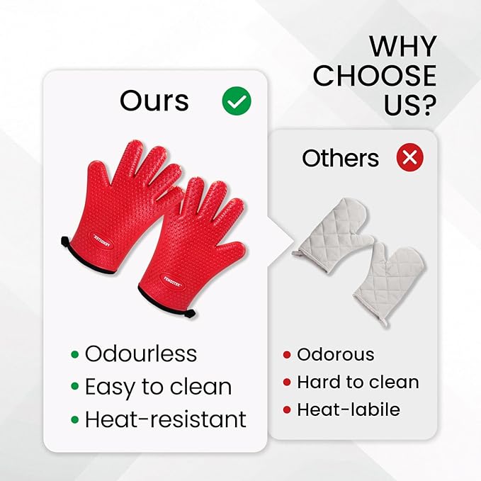 Silicone BBQ Cooking Gloves with Meat Smoker Guide，Heat Resistant Oven Mitts with Fingers，Long Protective Cotton Lined Barbecue Grilling Gloves 1 Pair for Kitchen, Cooking, and Baking Gifts (Red)