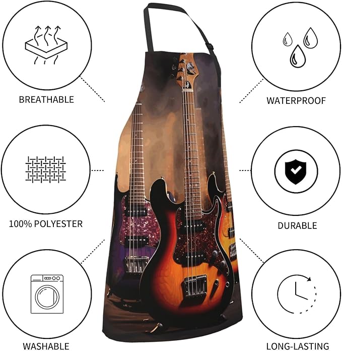 Waterproof Aprons for Women Men Adjustable Bib Cool Electric Guitar Apron Chef Cooking Aprons for Kitchen
