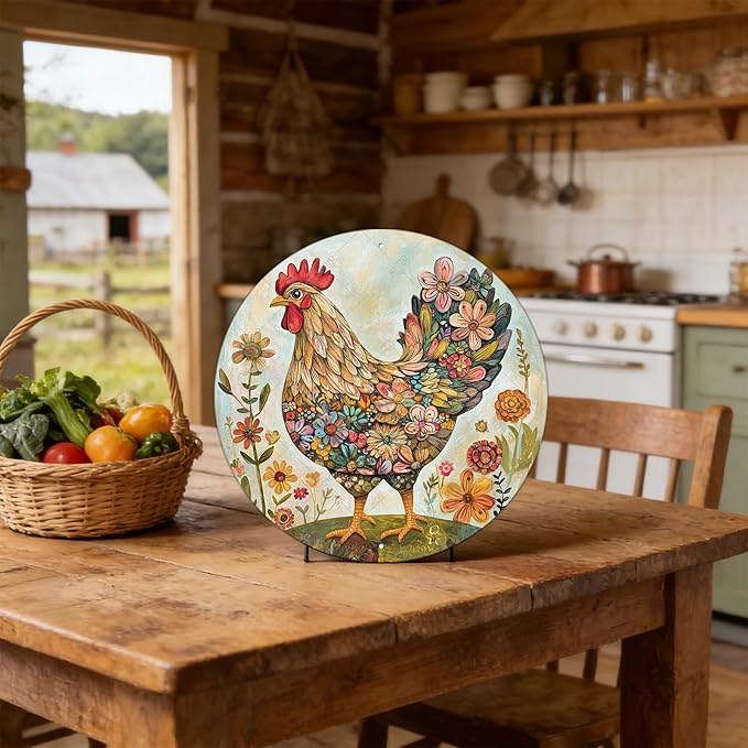Chicken Coop Hen Round Metal Tin Sign Flower Wreath Wall Decor Farmhouse Outdoor Wall Art Decoration for Chicken Lovers Decor 12 Inch