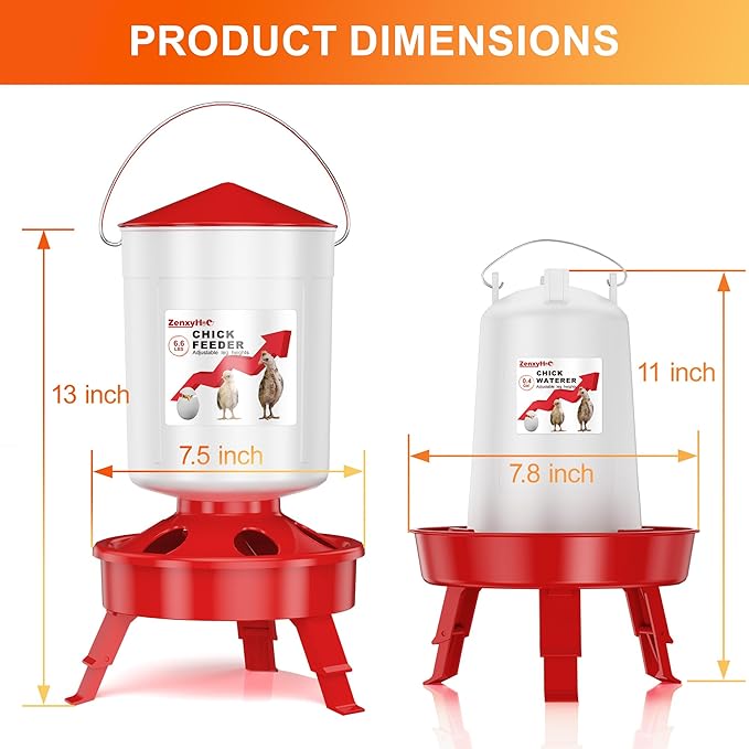 2-in-1 Chick Starter Set: 0.8 Gal Feeder & 0.4 Gal Waterer with Adjustable Legs for Baby Chicks, Includes Scoop, Hanging Hooks, Anti-Drown Design - BPA-Free Plastic (Red)