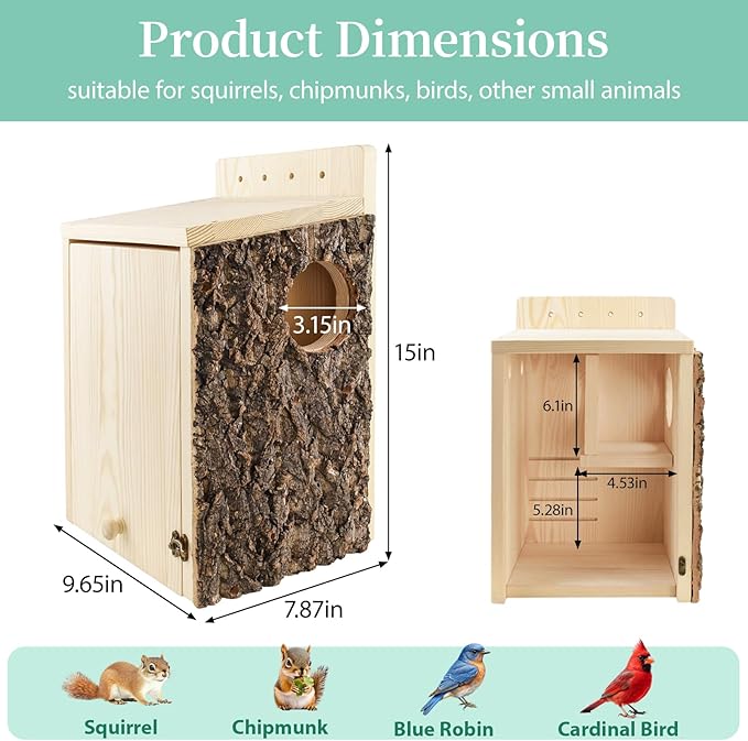 Large Squirrel Nesting Box with Predator Guard - Easy Assembly Squirrel Houses for Outside Nesting, Wooden Nesting Box for Squirrels,Chipmunk,Bird and Small Animals