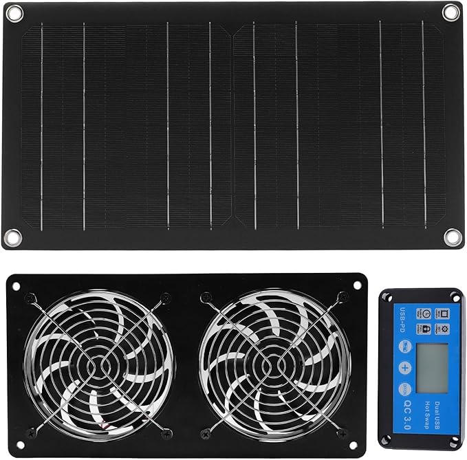 Pomya Solar Exhaust Fan, 20W Solar Panel + 6 Inch Double Ventilation Vent Fan, with Timing Controller, HighSpeed Solar Powered Fan for Shed, Chicken Coop, Greenhouse, Dog House