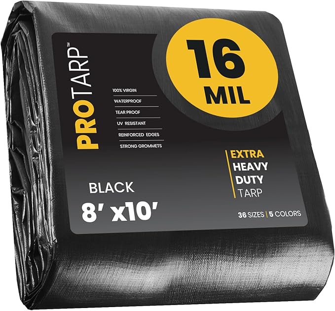 PROTARP Extra Heavy Duty 16 Mil Tarp Cover, Waterproof, UV Resistant, Rip and Tear Proof, Poly Tarpaulin with Reinforced Edges for Roof, Camping, Patio, Pool, Boat. (Black 8′ X 10′)