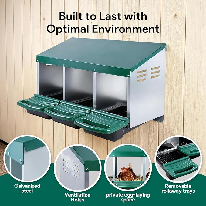 Chicken Nesting Boxes with 3 Cozy and Roll-Away Design - Chicken coop Nesting Boxes,Private Laying Spot & Enables Effortless Egg Collection (Green)