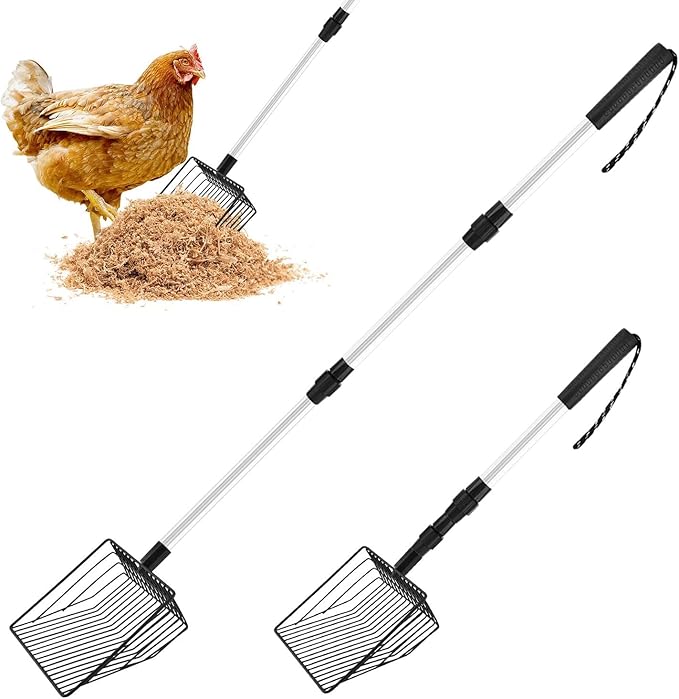 Large Metal Chicken Poop Scooper, Stretchable Long Chicken Coop Litter Scoop, 4 in 1 Multifunctional Heavy Duty Litter Sifting Shovel(Black,Size:22 to 42inch)