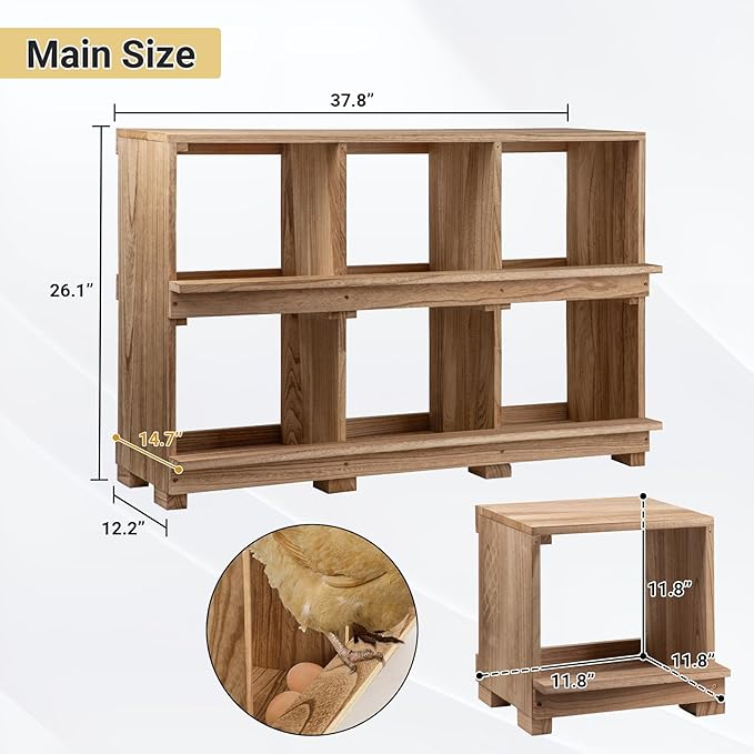 Nesting Boxes for Chickens 6 Compartment, Wall-Mounted Wooden Chicken Nesting Box, Ensuring Comfortable Egg Laying, Preventing Egg Falls, Perfect for Backyard and Poultry Farms