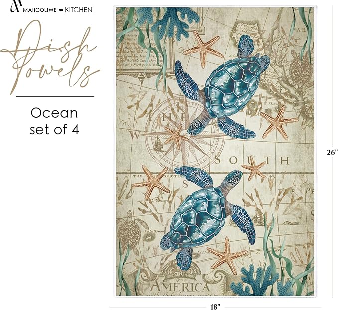 4 Pcs Nautical Ocean Kitchen Towels, Coastal Dish Towels, 26x18 Inch Beach Summer Absorbent Decoration Hand Towels for Housewarming Gifts (Ocean)