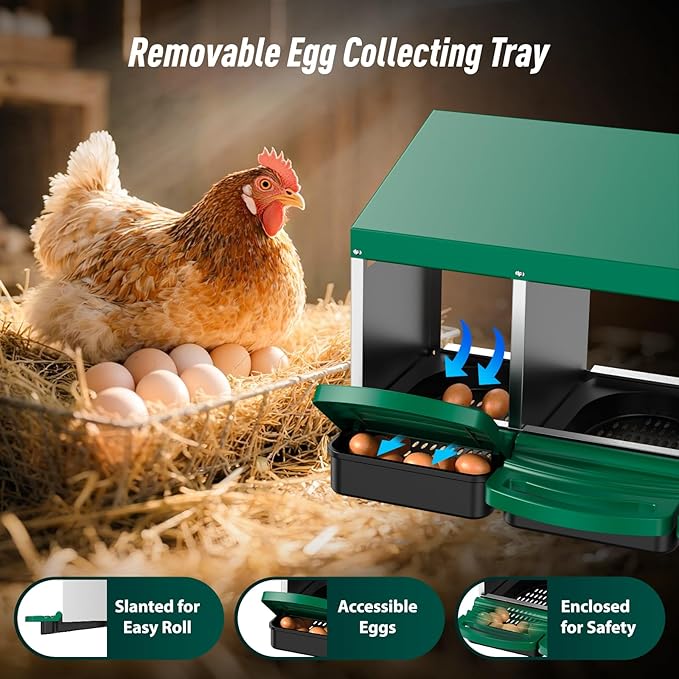 Chicken Nesting Boxes, 3 Compartments Roll Away Egg Laying Nest Box for Hens, Galvanized Steel Nesting Boxes for Chickens with Rollout Egg Drawer, Protects Eggs for Chicken Coop