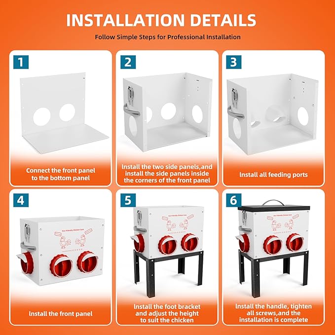 Automatic Chicken Feeder No Waste 35 Pounds 6 Ports Metal Poultry Feeder with Latch & Handle Adjustable Height Heavy-Duty Stand - Outdoor Feeding Station for Chickens, Ducks & Geese
