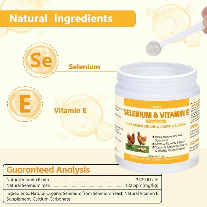 Selenium & Vitamin E Powder for Chickens | Poultry Nutrient Support Blend for Muscle Activity & Daily Balance | Feed Mix Additive for Chickens & All Poultry | 113g