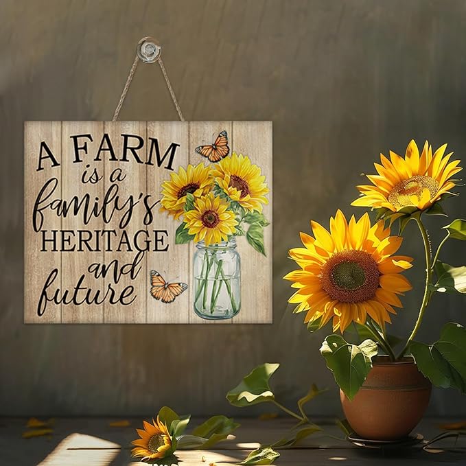 Farm Family Sunflower Front Door Sign, Spring Summer Flower Heritage Future Farmhouse Wood Hanger Home Decor, Fall Autumn Floral Rustic Wooden Wreath Indoor Wall Hanging Decoration