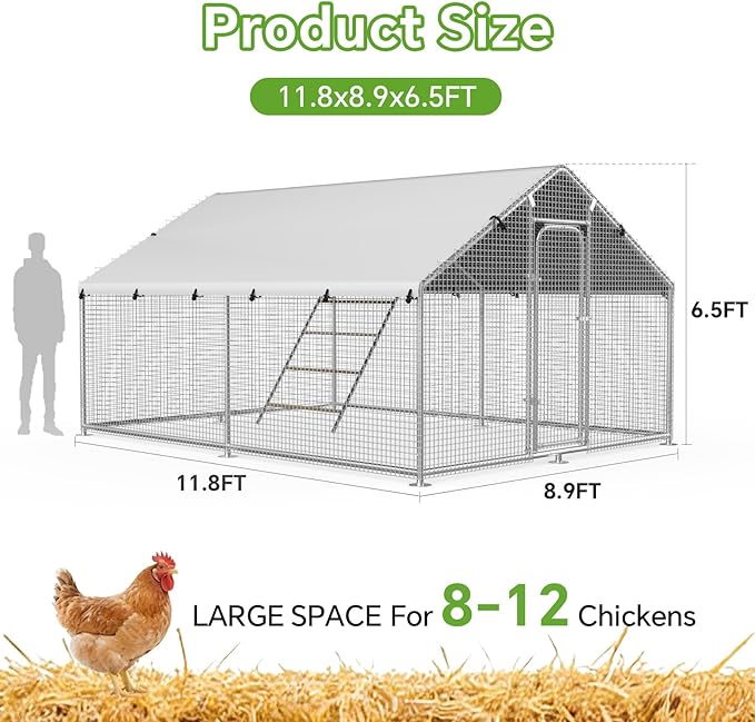 Large Metal Chicken Coop Run with Roosting Perch, Outdoor Poultry Cage with Heavy Duty Wire Mesh and UV-Resistant Cover for Chickens Use, Spire Roof (8.9'W x11.8'L x 6.6'H)