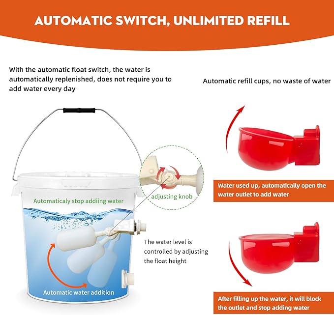 Automatic Chicken Waterer System, DIY Poultry Pipe Water Feeder Set, Include 8 Chicken Water Cups, Ball Valves and Tee, Coop Automatic Clean Waterer (Red, 8-Cups)