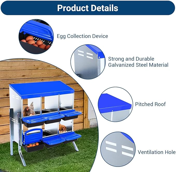 [6-Pack] Chicken Nest Box for Hens - Galvanized Steel Wall-Mounted or Freestanding Chicken Nest with Ventilation Holes - Poultry Nest Box with Legs for Egg Laying (Blue)