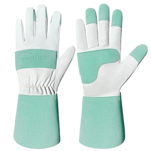 Gardening Gloves, Long Thorn Proof Garden Gloves for Women and Men, Goatskin Breathable Leather Work Gloves for Gardening, Pruning, Yard Work, Turquoise, S