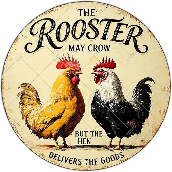 Funny Chicken Signs The Rooster May Crow But The Hen Delivers The Goods Round Tin Sign Metal Chicken Decor Home Ktichen Farm Wall Decor Vintage Metal Tin Poster 8 Inch
