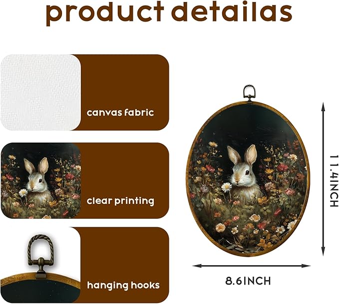 Spring Rabbit Canvas Wall Art Print, Wildflower Floral Animal Painting on High-Density Canvas with Pre-Installed Hook, 8.6 x 11.4 Inch Wall Decor for Bedroom, Living Room, Study, Gift for Art Lovers