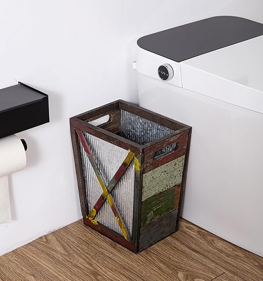 Small Wood Trash Can Wastebasket, Decorative Barn Door Garbage Can Waste Basket, Rustic Distressed Rectangular Trash Bin, Farmhouse Wooden Storage Basket Waste Paper Bin (Random)