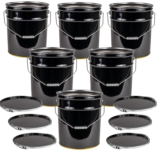 ATERET 5 Gallon Black Metal Bucket & Lever Lock Pail Lid - 6 Pack - Heavy Duty Durable Pails and Lids for Outdoor and Household Use