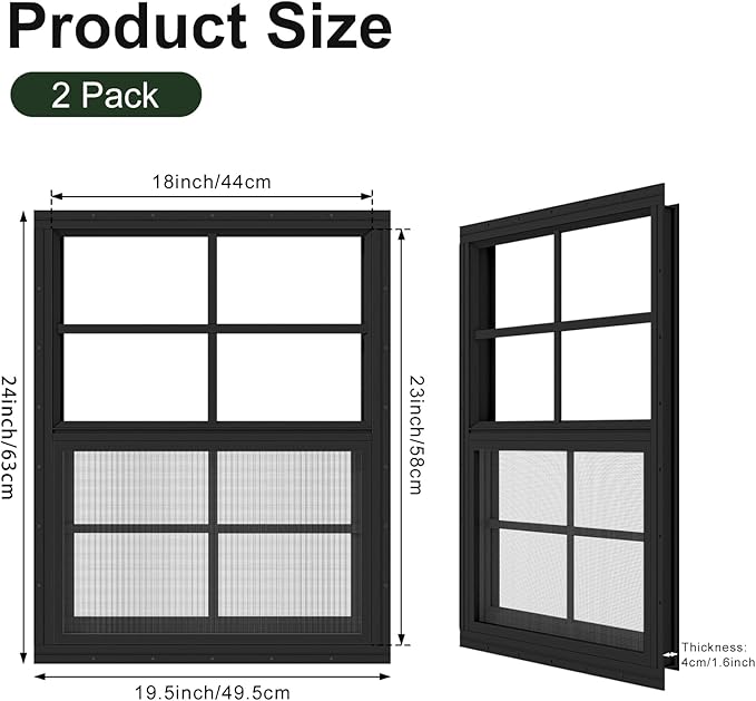 2 Pack Shed Windows 18" x 23" Flush Mount Window with Tempered Glass and Fiberglass Screen for Chicken Coop Sheds Barns Playhouse -Black
