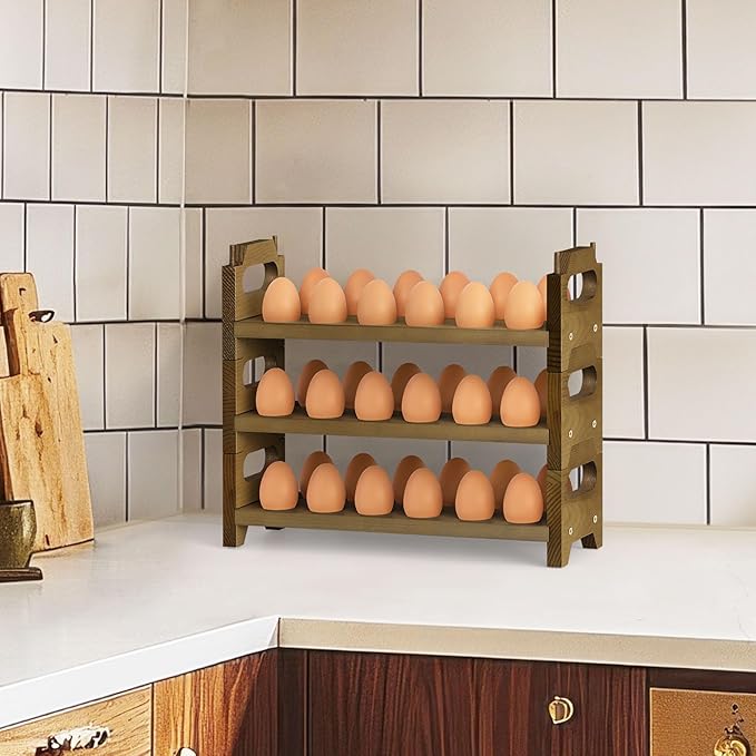Wooden Egg Holder for Countertop, 3 Tier Egg Rack for 36 Eggs, Kitchen Counter Wood Egg Organizer Tray Racks, Fits Quail, Duck, Turkey, Chicken Eggs