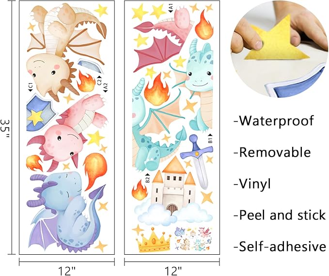 Mfault Baby Dragon Wall Decals Stickers, Cartoon Castle Crown Sword Shield Decoration Nursery Kids Bedroom Art, Fire Stars Cloud Toddler Girls Boys Playroom Living Room Home Decor
