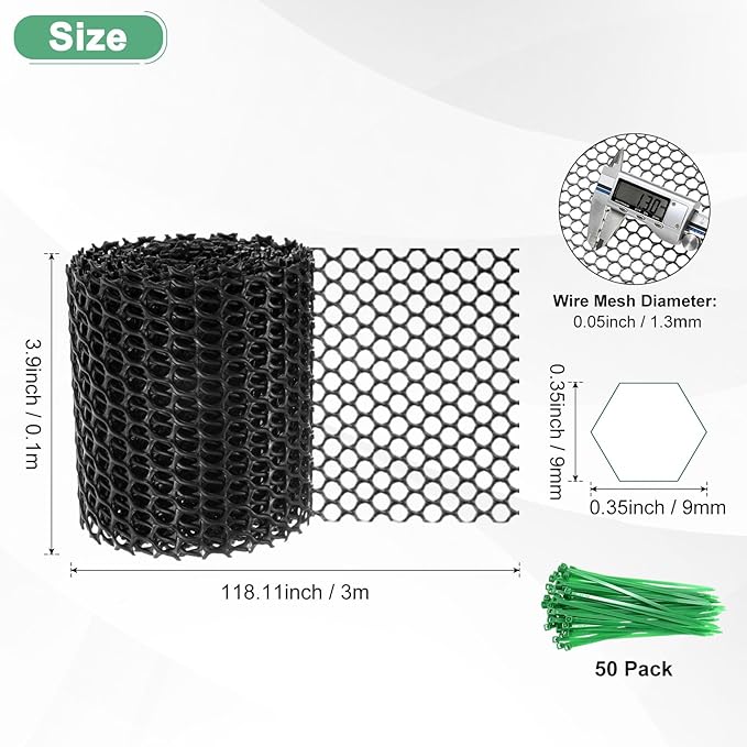 1-Pack Floral Chicken Wire Mesh, 3.9 in x 9.8 ft Plastic Hexagonal Chicken Wire Fencing with 50 Garden Ties for Crafts/Poultry Netting/Garden/Plant Protection [Black]