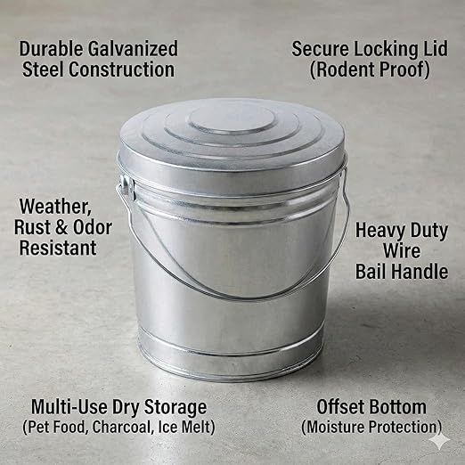 6 Gallon Galvanized Steel Storage Can with Locking Lid – Heavy Duty Metal Pail for Pet Food, Bird Seed, Ash & Charcoal, Rust Resistant & Weatherproof Outdoor Bin