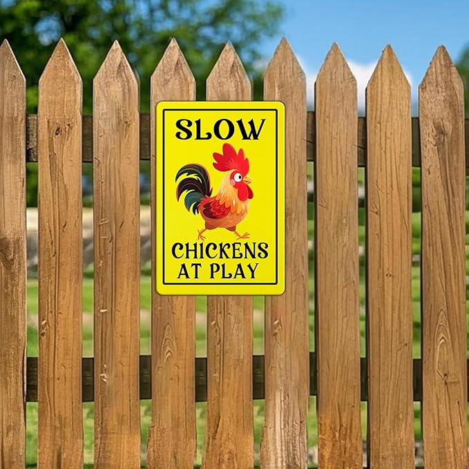 Vintage Slow Tin Sign Chickens at Play Metal Sign Funny Chicken Coop Yard Poster Home Kitchen Coffee Garden Wall Decor 12x8 Inch