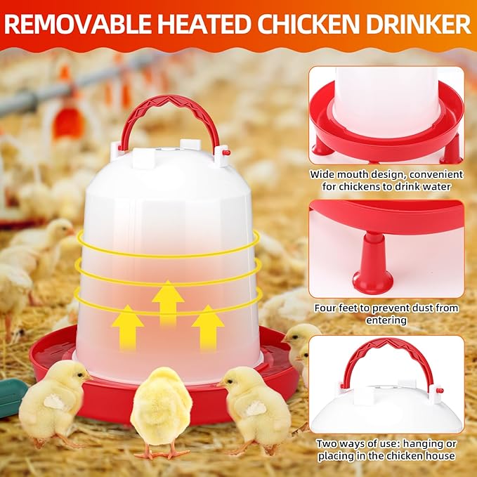 3 Pcs 0.8 Gallon 3l Heated Chicken Waterer Kit, Anti-Freeze Poultry Drinker for Spring Cold Nights with Outdoor Extension Cord Safety Cover, Insulation Tape, Waterer for Small Flocks