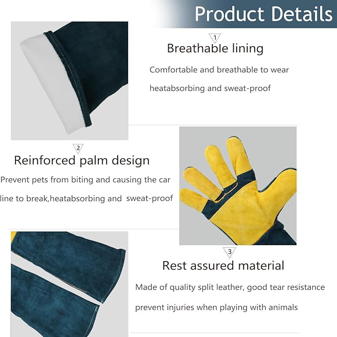 Animal Handling Gloves Bite Resistant, 23.6'' Anti Scratch Gloves for Cats, Bite Proof Leather Pet Glove for Grabbing Cat Reptile Puppy Bird Poultry or Gardening Welding (Reinforced Palm)