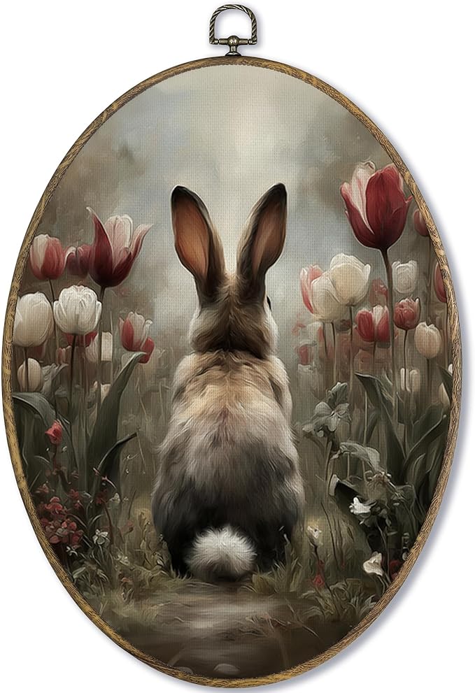 Fewgb Bunny Rabbit Oval Wall Art Decor Framed for Bunny Lovers Gifts, Floral Easter Bunnies Canvas Wall Art Prints Picture, Moody Spring Tulip Farmhouse Hanging Room Decor for Bedroom Nursery 9x12