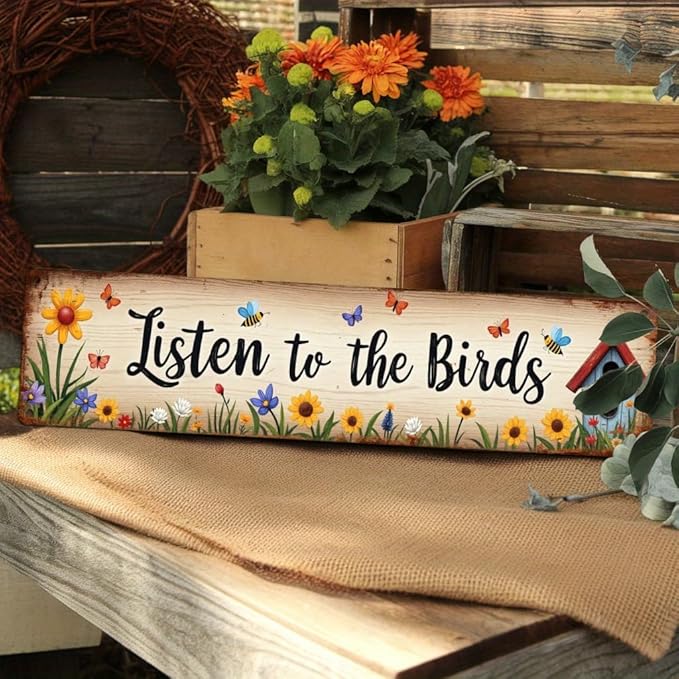 Listen to the Birds Metal Tin Sign Farmhouse Wall Decor with Floral & Butterfly Design Rustic Wall Art for Kitchen Living Room Bedroom Porch Garden 4x16 Inch