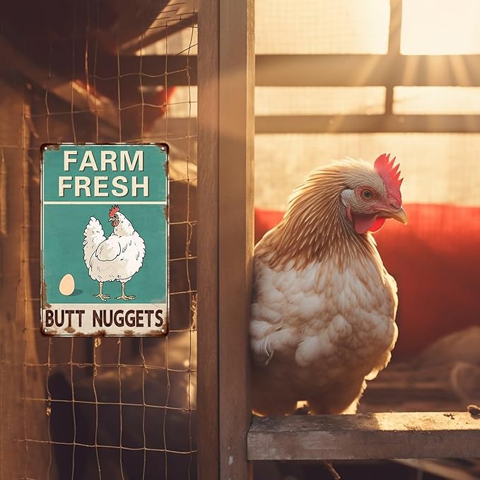 Farm Fresh Butt Nuggets Metal Tin Sign Vintage Chicken Coop Metal Sign Rustic Farmhouse Decor for Kitchen Outdoor Charming Wall Plaque for Home Garden 8x12 Inch